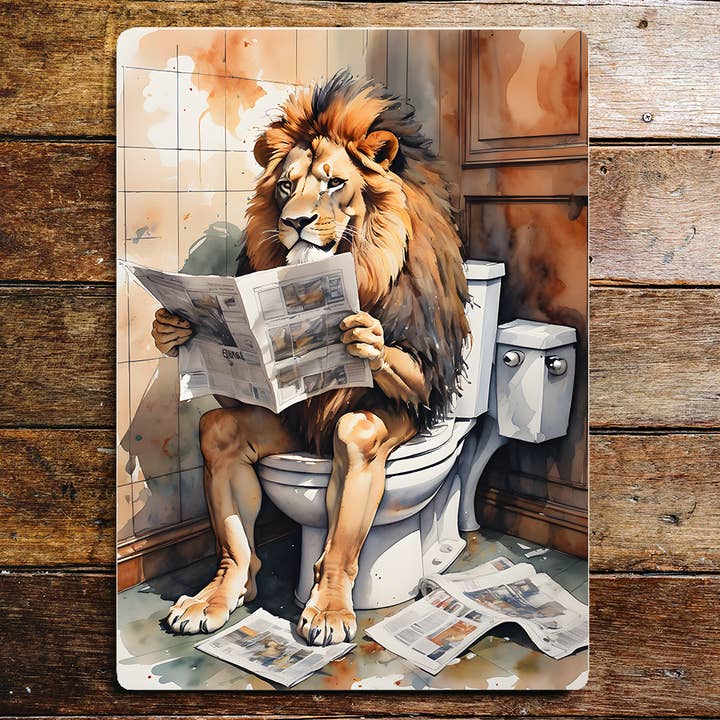Panneau métallique pour salle de bain Newspaper Lion On the Toilet pour la vente par The British Metal Signs Company