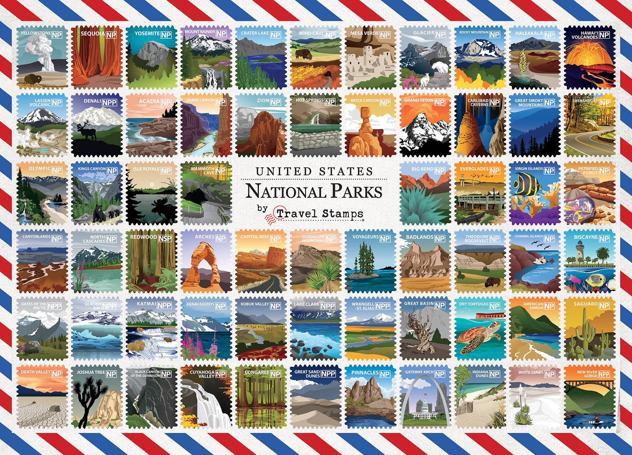 Masterpieces Puzzles - Wholesale Puzzle - Adult - National Parks Travel Stamps 1000 Piece Puzzle1