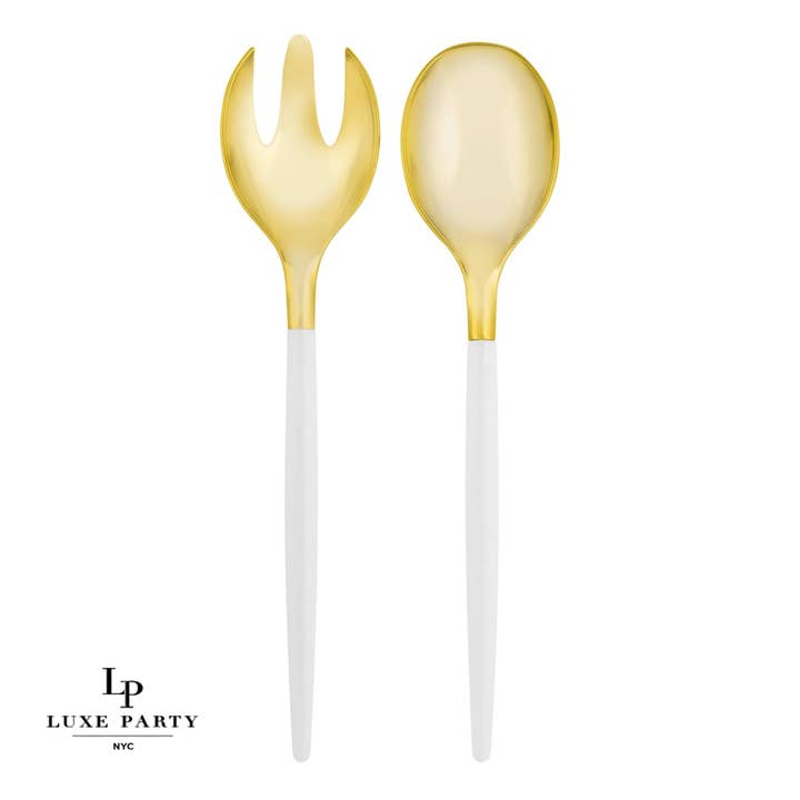 White / Gold Plastic Serving Fork • Spoon Set for wholesale by Luxe Party