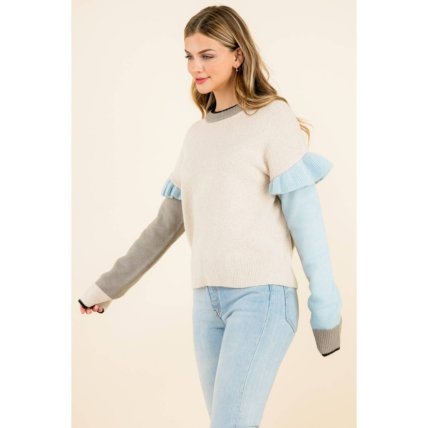 BEIGE Maglione a blocchi di colore con maniche a balze in vendita all'ingrosso su Faire8