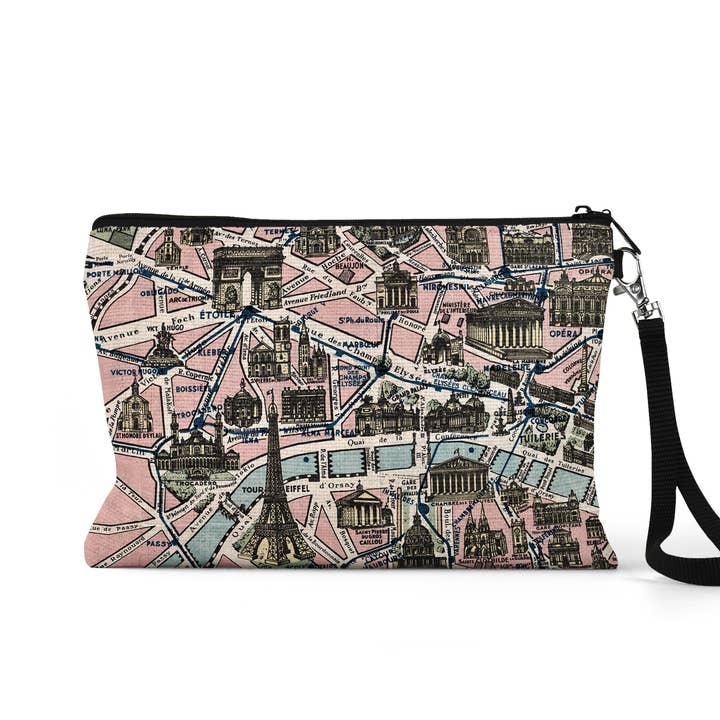 Pochette à fermeture éclair avec carte de Paris, trousse de maquillage, pochette de voyage pour la vente par Daisy Mae Designs