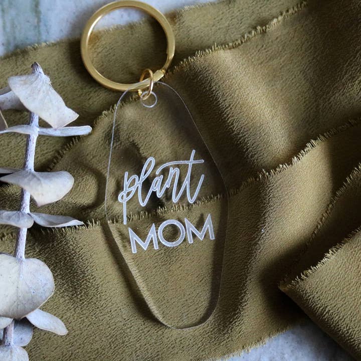 plant mom motel keychain | clear or fluorescent pink for wholesale by Everthine Designs