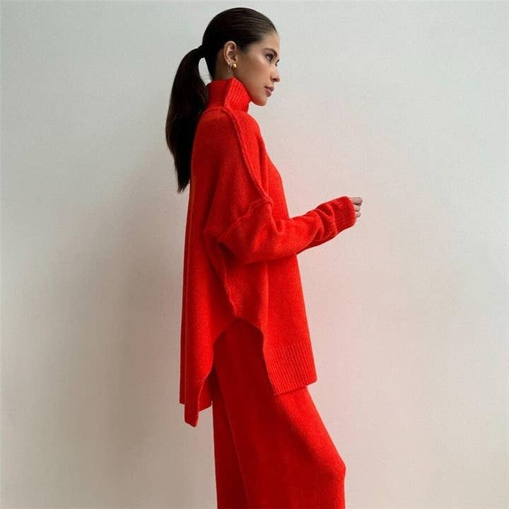 UZ Wholesale Store - Wholesale Lounge Set - Women's - Solid Color High Neck Sweater Knit Long Pants Set2