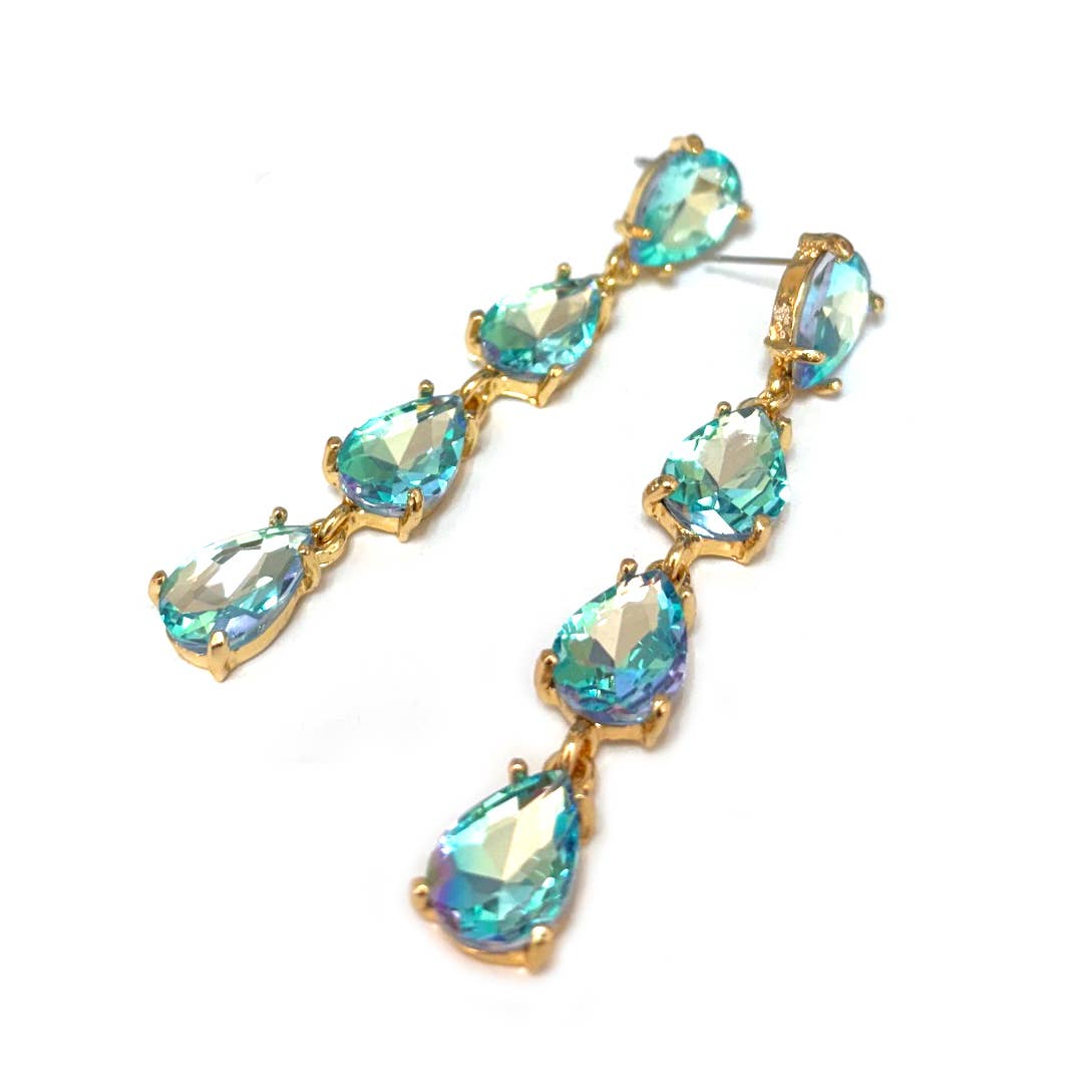 StarryNYC - Wholesale Dangle Earrings - Glass Stone Teardrop 4 Link Iridescent Crystal Earrings24