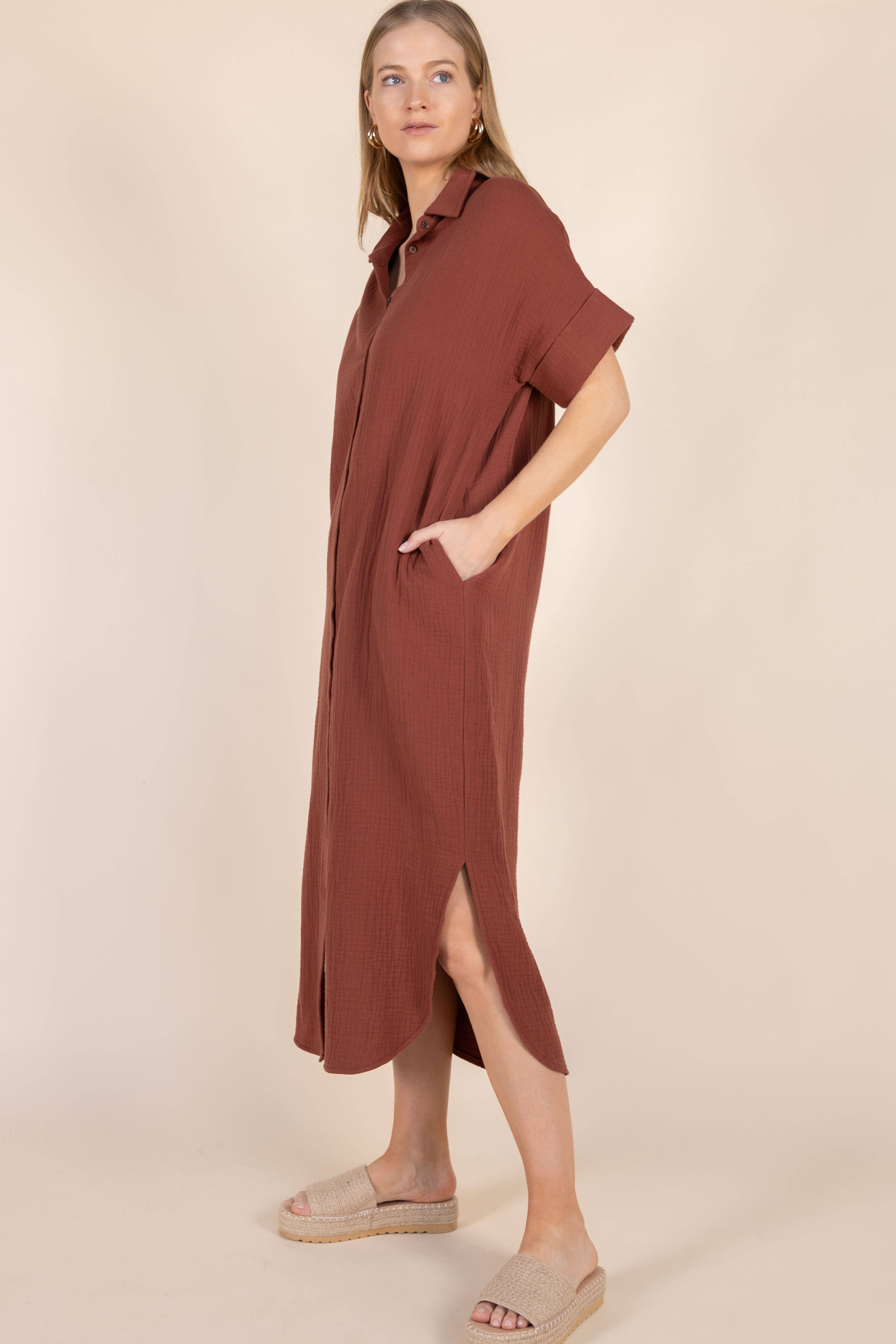 Before You Collection - Wholesale Dress - Women's - 3-Ply Heavy Gauze Button Up Shirt Dress16