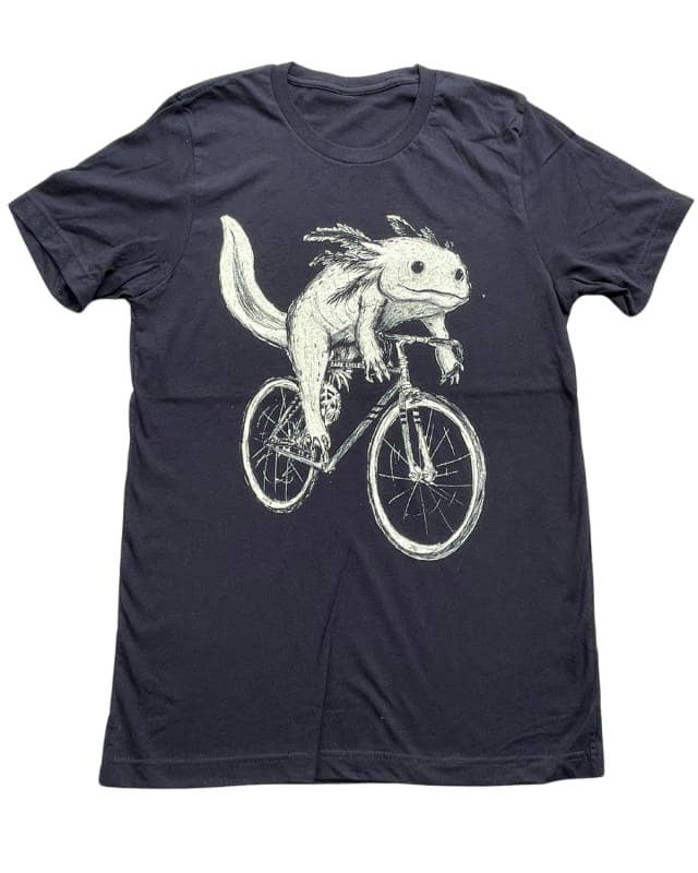 Dark Cycle Clothing - Vendita all'ingrosso Maglietta serigrafata - Uomo - Axolotl on A Bicycle - Camicia da uomo/unisex
