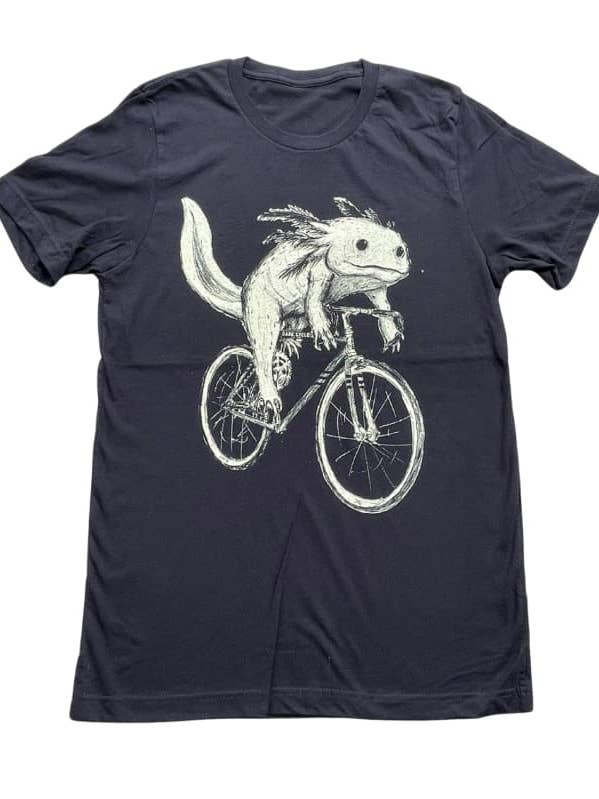 Dark Cycle Clothing - Vendita all'ingrosso Maglietta serigrafata - Uomo - Axolotl on A Bicycle - Camicia da uomo/unisex0