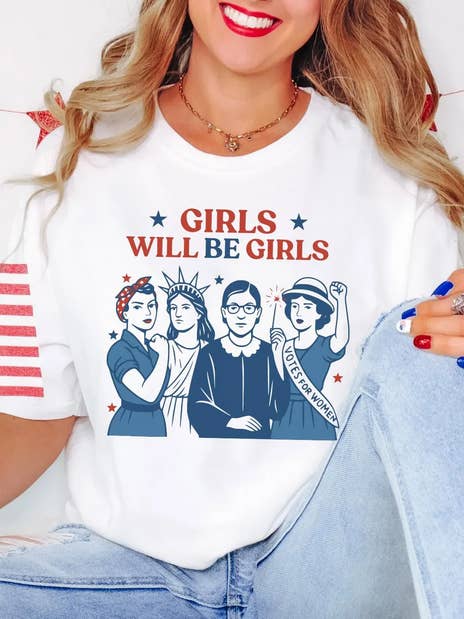 Girls Will be Girls Patriotic Feminist Shirt for wholesale by Boho Bloom Emporium
