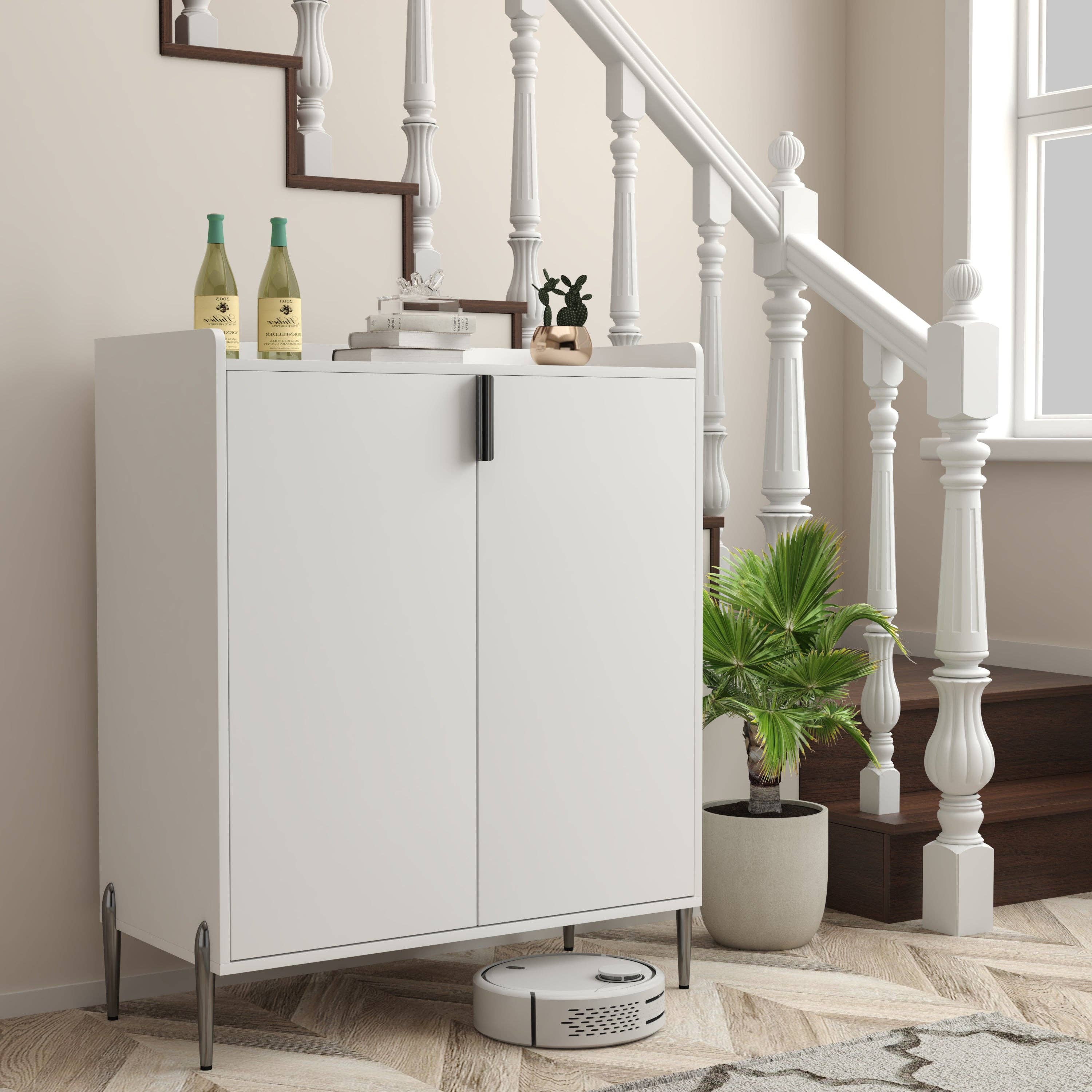 39F Inc. - Wholesale Cabinet - 2 doors home wine bar cabinet with wine rack & adjustable storage shelf, modern sideboard with soft-closing hinge, dinning room buffet cabinet, Liquor Cabinet kitchen, living room coffee cart White6