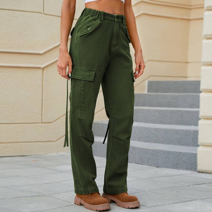 Denim Pocketed High Waist Cargo Pants for wholesale by L Michele