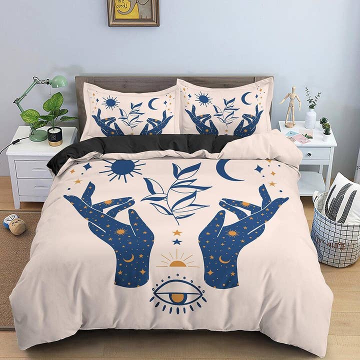 Beige Boho Bedding With Celestial Art Design in Blue, Gothic Duvet Cover Set, Witchy Dorm Bedding, Aesthetic Duvet King Queen Full Twin for wholesale by daintyduvet
