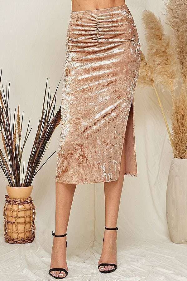 Heart & Hips – wholesale Skirt – Women’s – BV46972 - WAIST RUCHED CRUSHED VELVELT MIDI SKIRT0