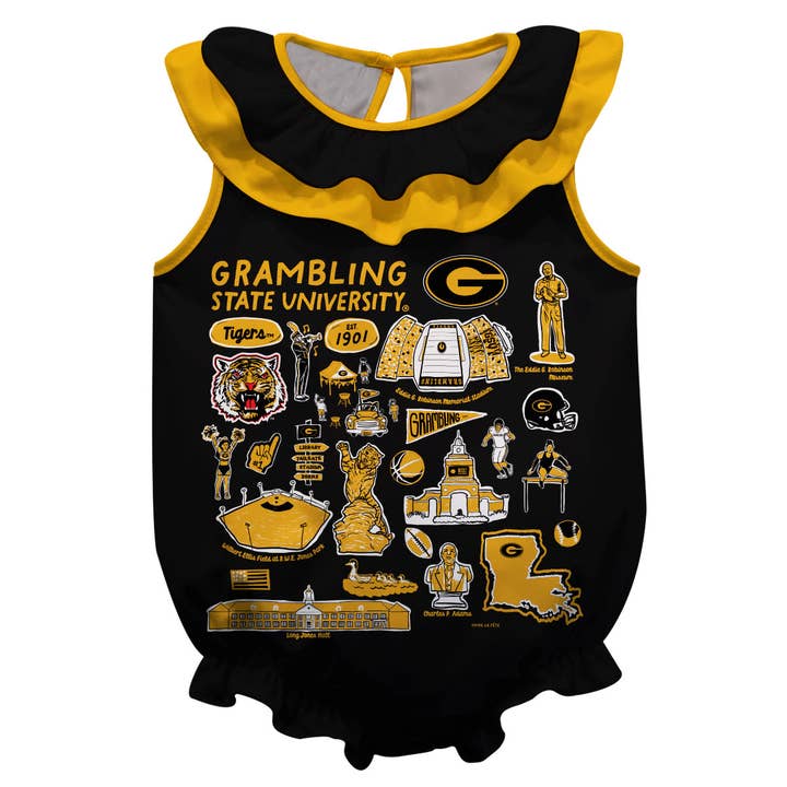 Grambling State Tigers GSU Black Hand Sketched Vive La Fete Impressions Artwork Sleeveless Ruffle Bodysuit Bodysuit for wholesale by Vive La Fete