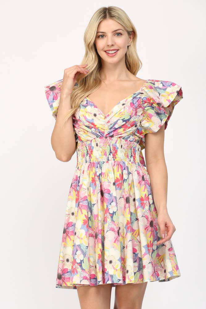 PINK MULTI FLUTTER SLEEVES PLEATED DETAIL MINI DRESS FD35205 for wholesale on Faire