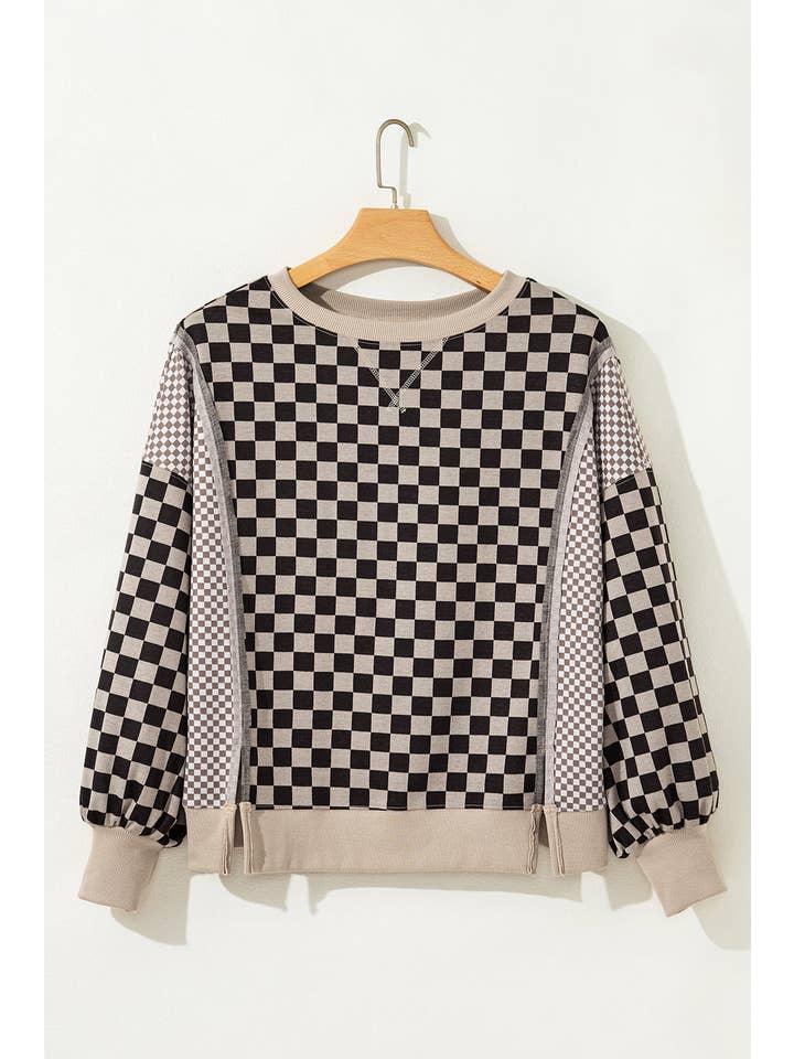 Khaki Checker Patchwork Long Sleeve Top for wholesale on Faire1