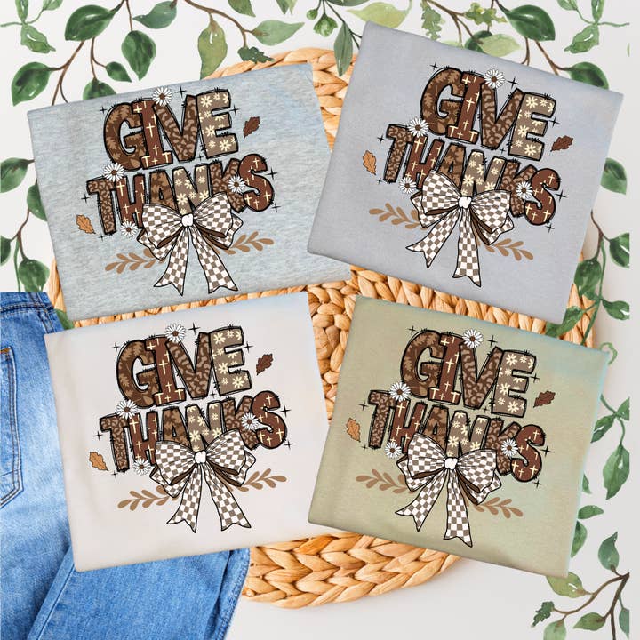 Give Thanks Bow Graphic T-shirt for wholesale by Duck Creations Wholesale