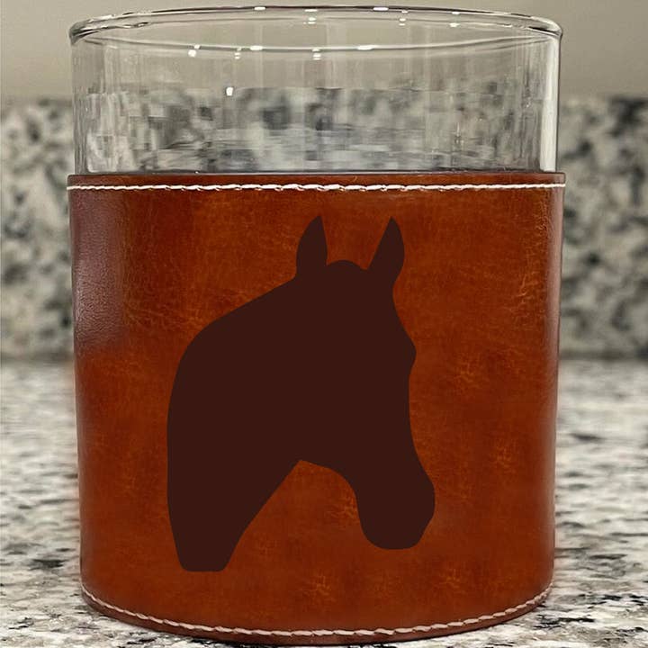 Horse Head Horse Racing Derby Faux Leather Rocks Glass for wholesale by Barrel Down South