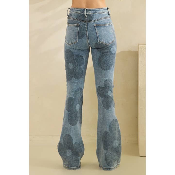 DENIM WASHED FLORAL BOOT CUT JEANS for wholesale on Faire7