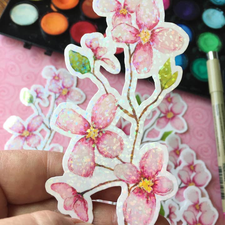 Glitter Holografisk Magnolia Blooms Vattentät Klistermärke för wholesale av stickersbyjodi