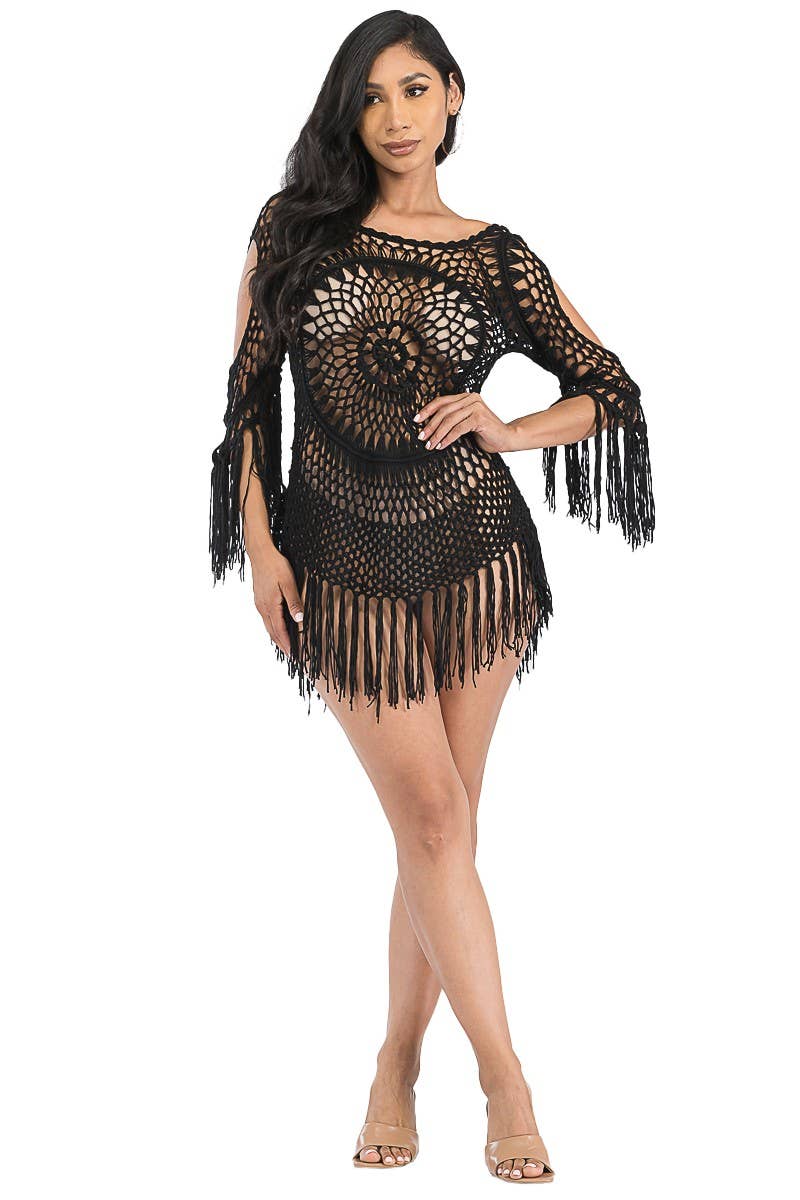 Cap Zone – Großhandel Strandkleid – Damen – Strick-Top mit Fransenbesatz und luftigem 3/4-Ärmel11