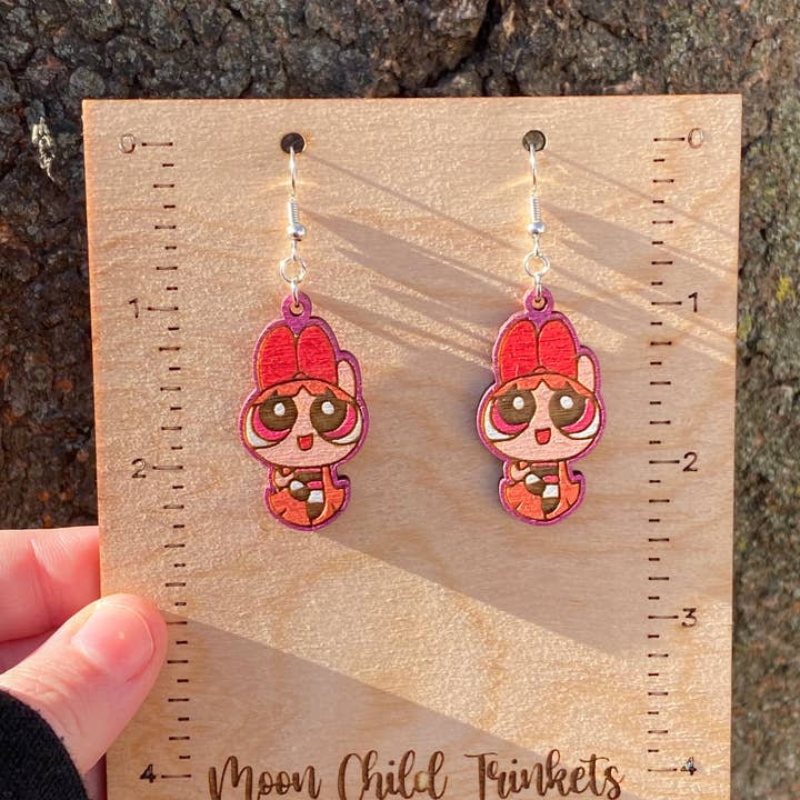 Moon Child Trinkets - Wholesale Dangle Earrings - Powerpuff Girls Blossom Hand Painted Wood Dangle Earrings