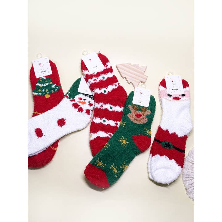 ASSORTED COLOR Santa and His Crew Fuzzy Christmas Socks for wholesale on Faire4