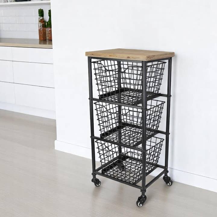 32" Svart och Naturlig Metall- och Träkorg Rullande Skåp för wholesale av HomeRoots