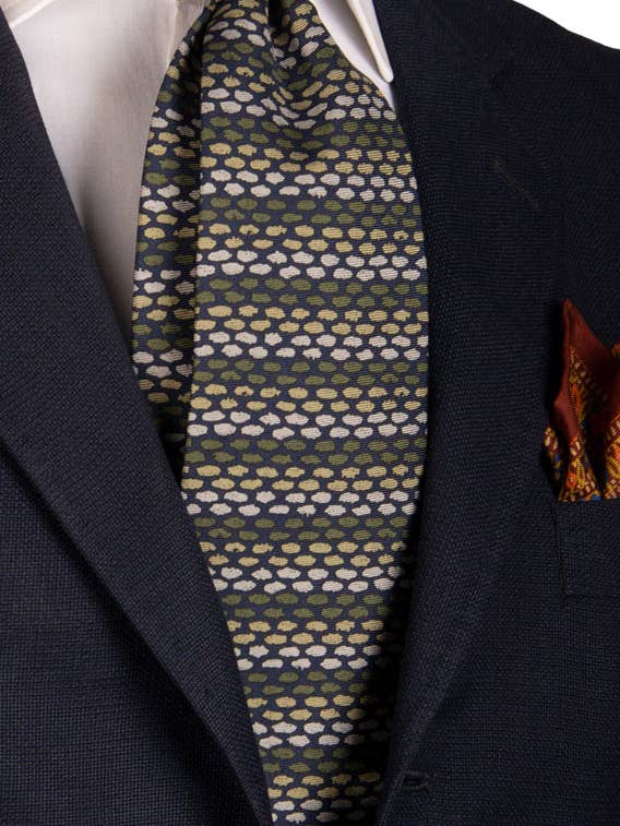 Gravata Vintage em Sarja de Seda Azul Padrão Cinza Verde Bege CV654 por atacado de Graffeo Cravatte