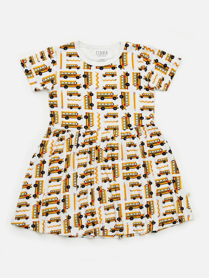 Stretchy Short Sleeve Twirl Dress - School Buses for wholesale by Clover Baby & Kids