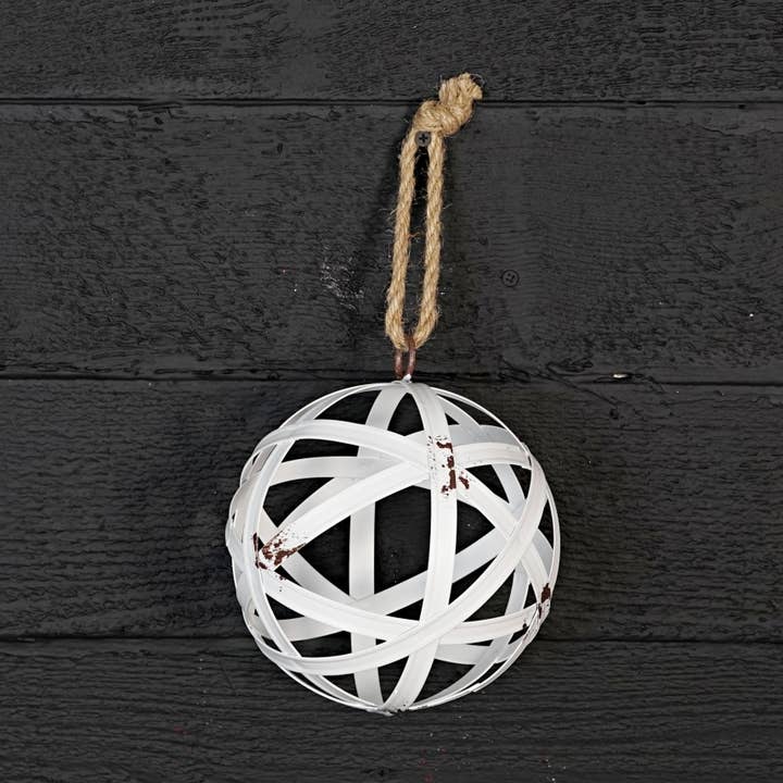M32626-6inD vintage Red metal strip Ball with jute loop for wholesale by Impressive Enterprises, Inc.
