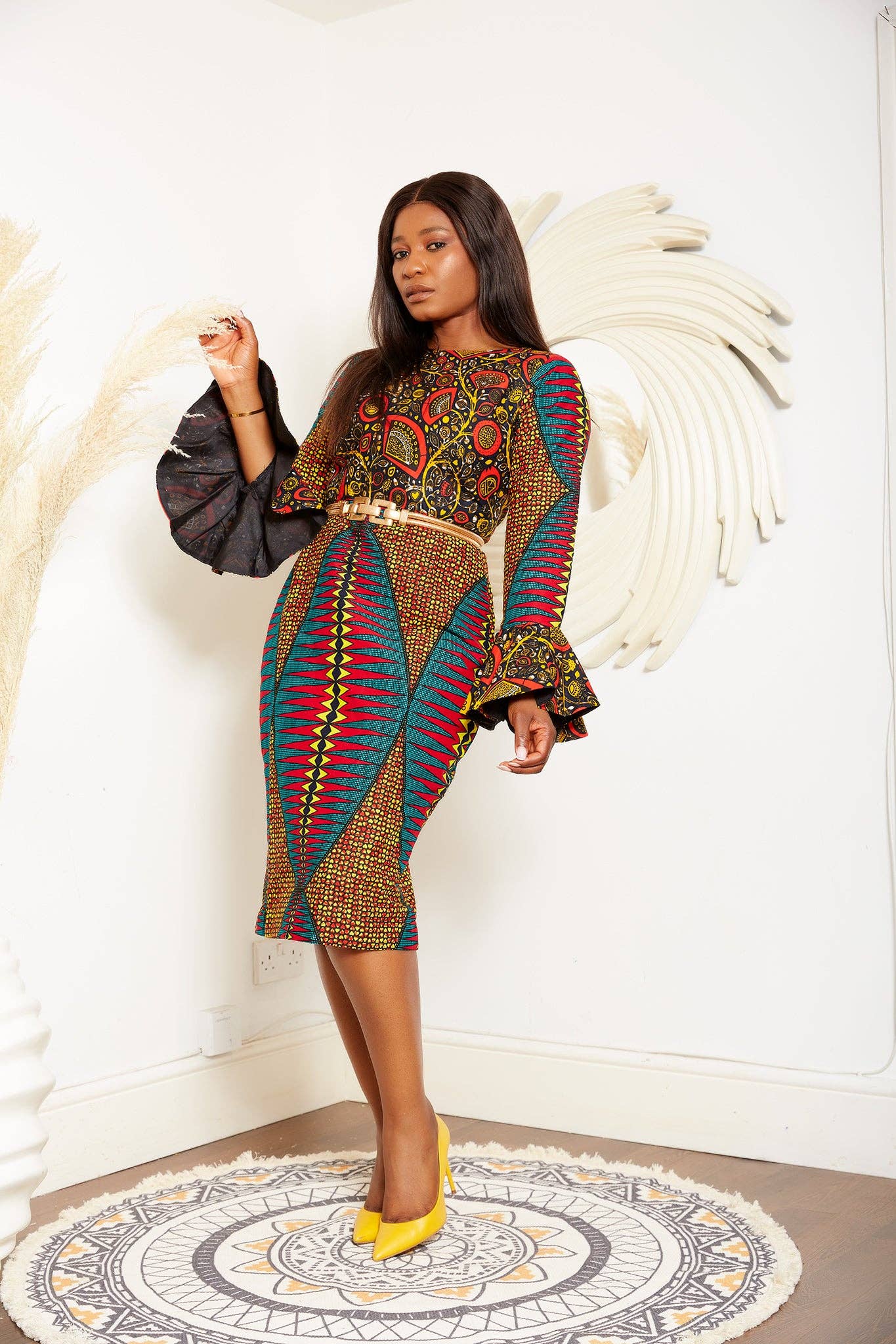 CUMO London - Wholesale Jurk - Dames - Pennenjurk met lange mouwen en Afrikaanse print - Otega0