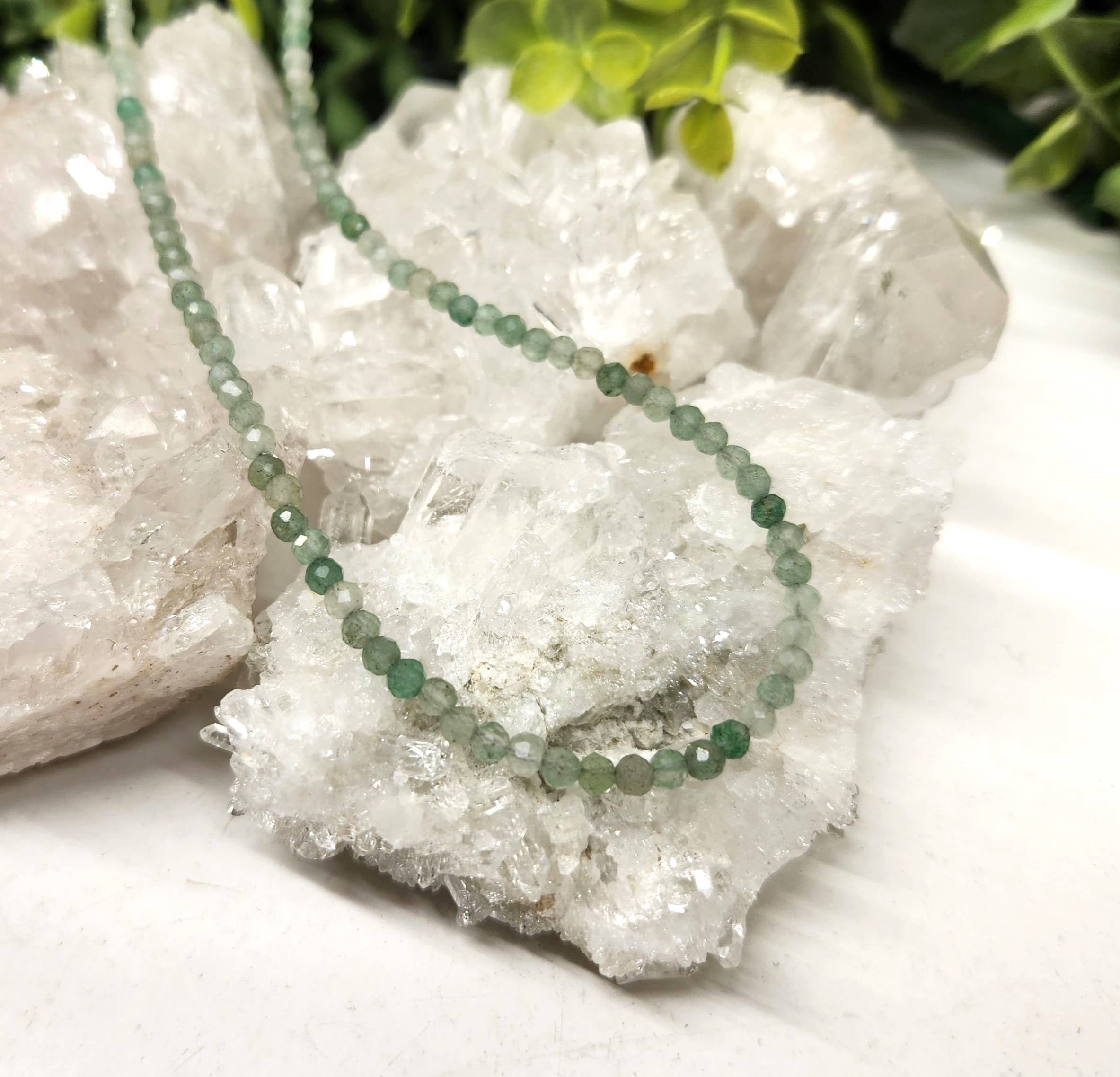 Meraki Gemstones - Wholesale Beaded/Pearl Necklace - Green Aventurine Faceted Necklace w/Silver Color Findings3mm0