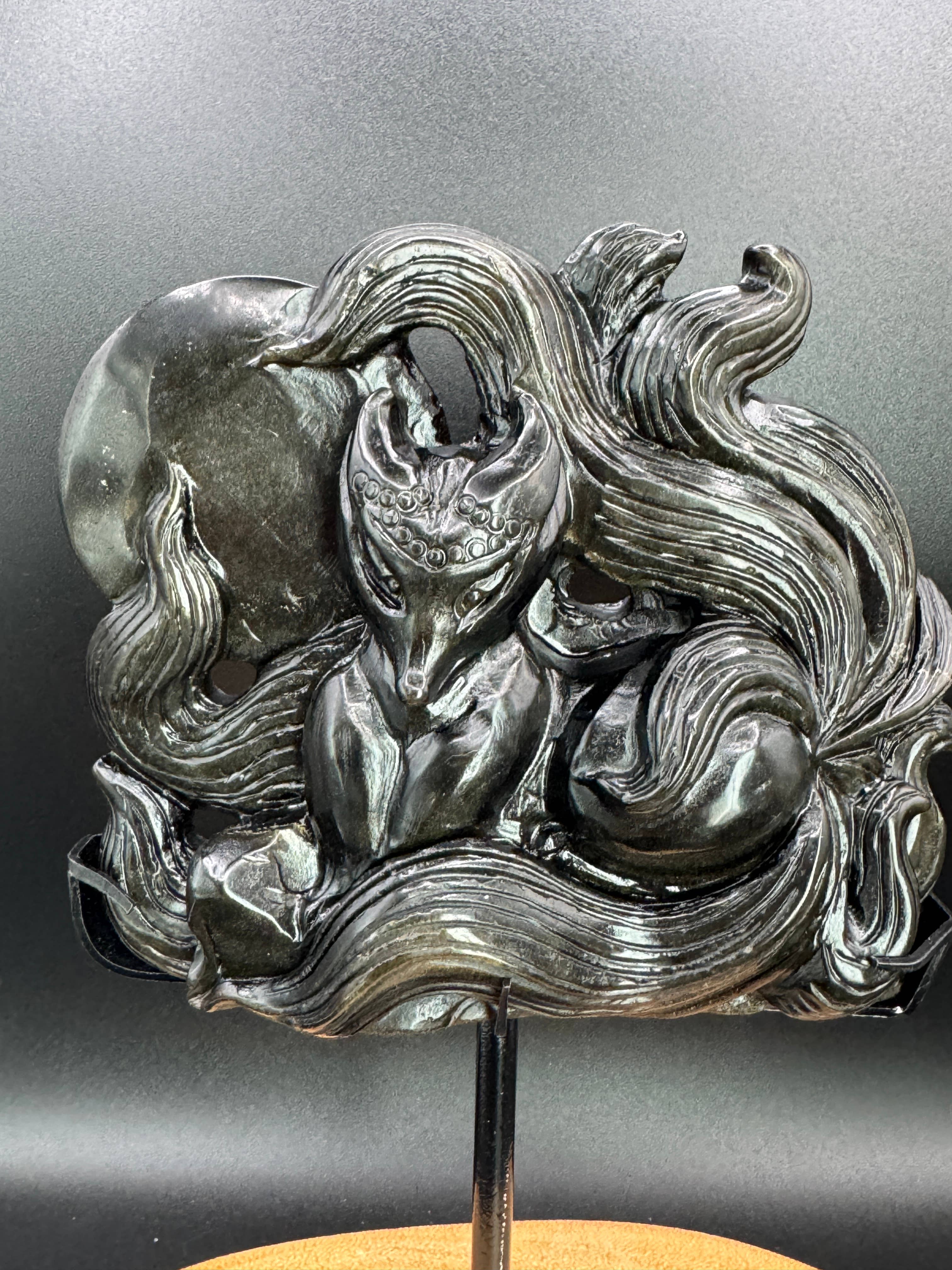 The 7 Directions - Wholesale Spiritual Stone/Crystal - Hand carved Gold Sheen Obsidian Nine tail fox H2951