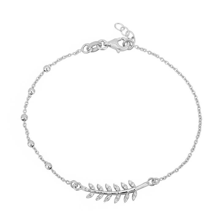 Sterling Silver Feather Bracelet with Sparkling CZ for wholesale by Amaaya Jewelry