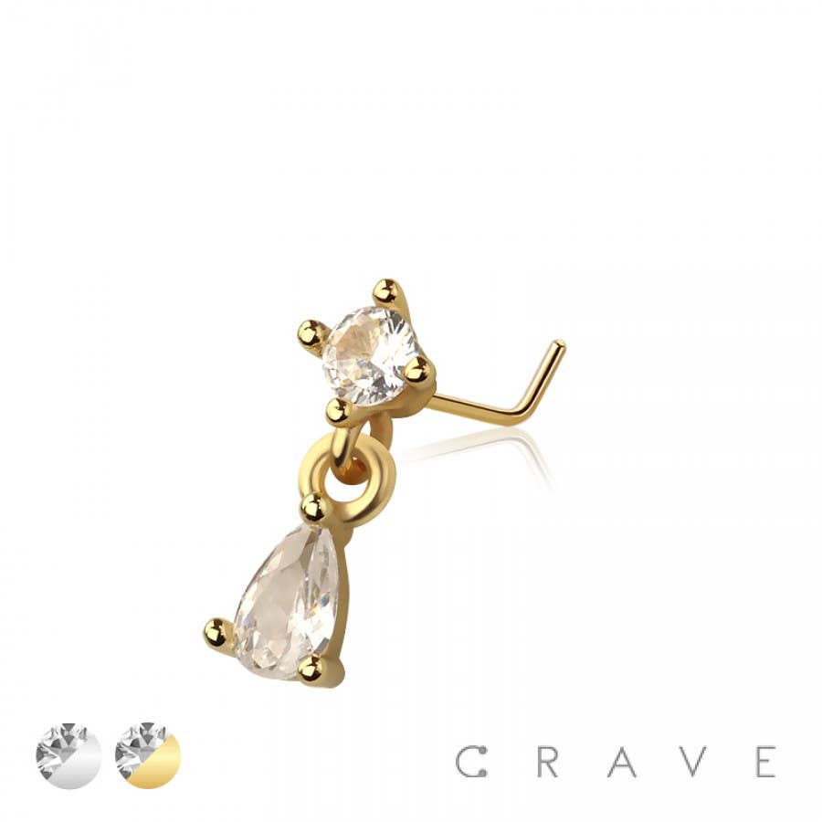 CRAVE - Vente Anneau de nez - ANNEAU DE NEZ EN FORME DE L EN ACIER CHIRURGICAL 316L AVEC PENDENTIF EN FORME DE GOUTTE ET CZ2