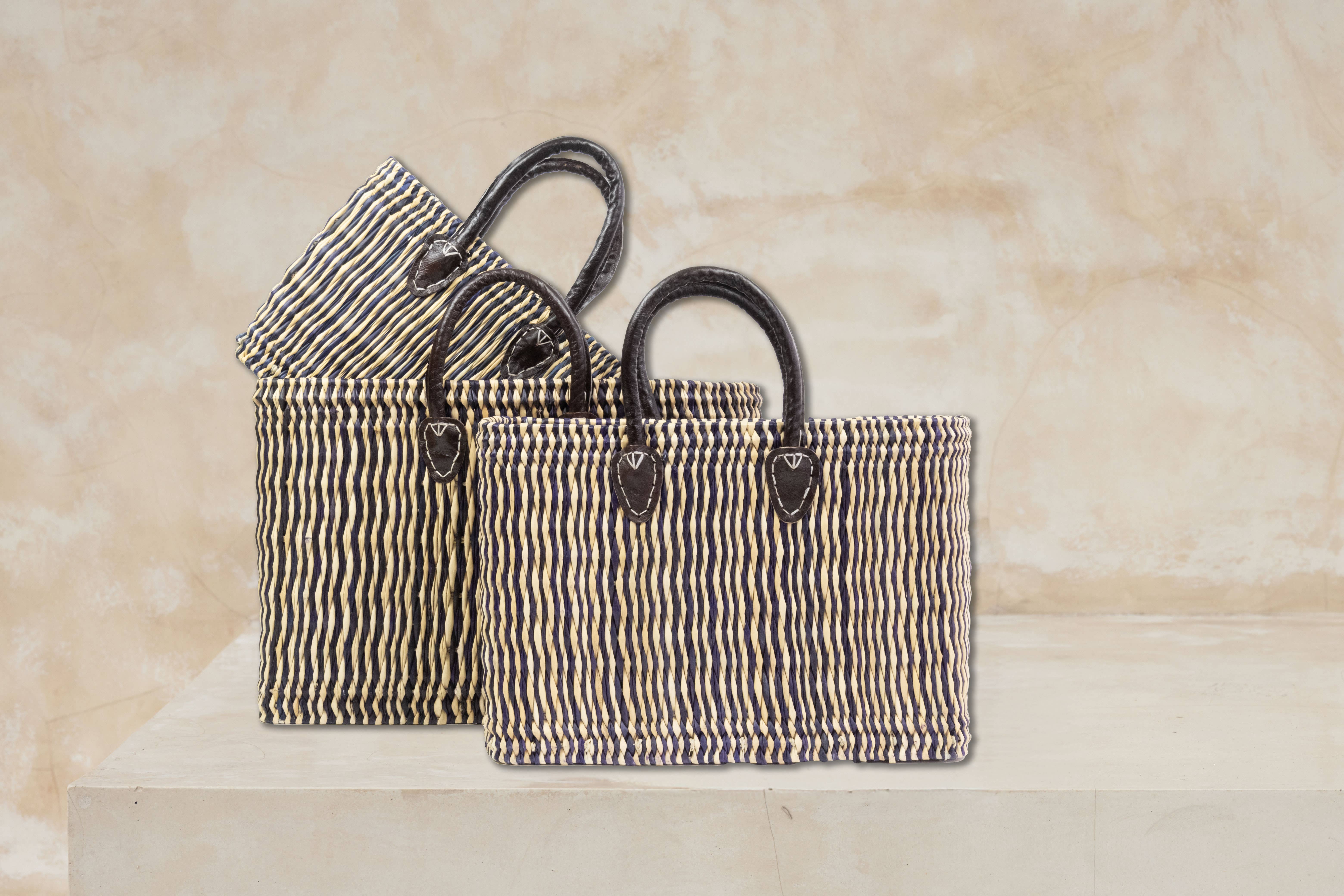 The Winding Road - Wholesale Beach Bag - Set of 3 Moroccan Market Baskets - Midnight Stripe