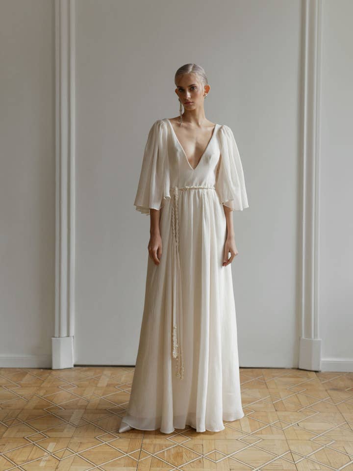 Beige chiffon hippie wedding dress for wholesale by Lutien Bridal