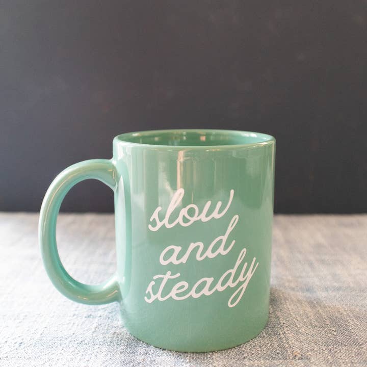 Gather Goods Co - Cards, Coasters, Tea Towels, Art, Mugs - Wholesale Coffee Mug - Green Ceramic Coffee Mug with Slow and Steady Phrase, 11oz1