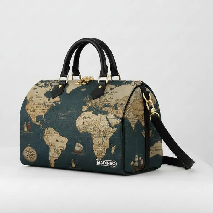 MADINBO HANDBAG - MADE IN ITALY - WITH BLACK WORLD MAP PRINT for wholesale by MADINBO