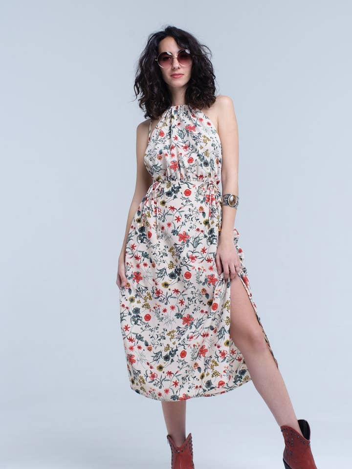Beige floral high neck cut out midi dress for wholesale by Q2—All Orders:Free Duties for the US,UK,and Canada