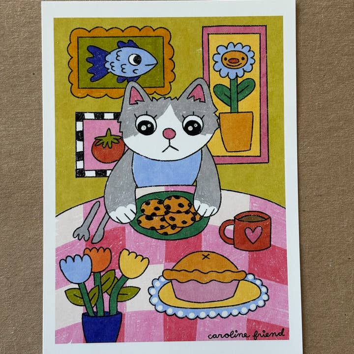 Cat Dinner Print for wholesale by Caroline Friend Art