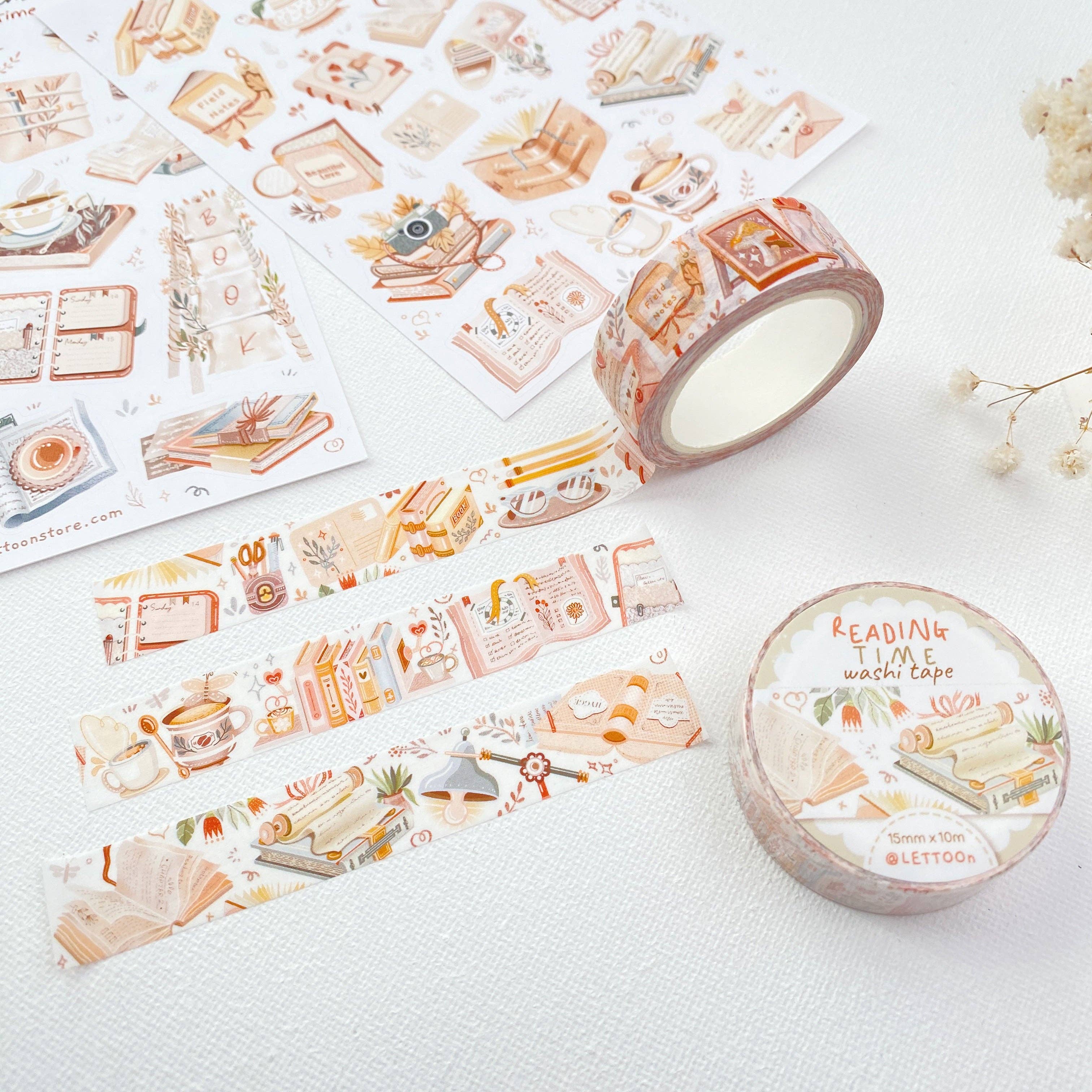 Lettoon - Vendita all'ingrosso Nastro washi - Washi Tape Reading Time con libri, fiori e piante5
