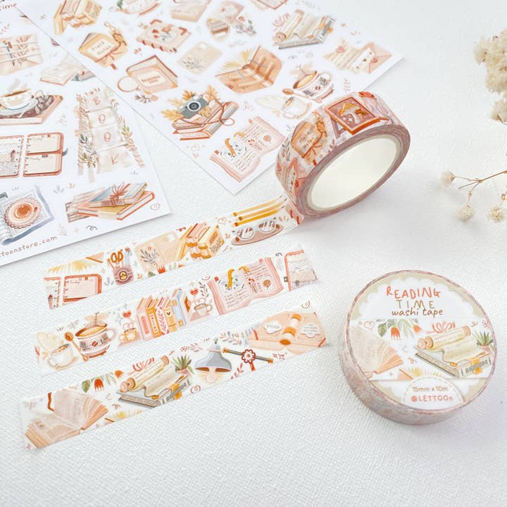 Lettoon - Vendita all'ingrosso Nastro washi - Washi Tape Reading Time con libri, fiori e piante5