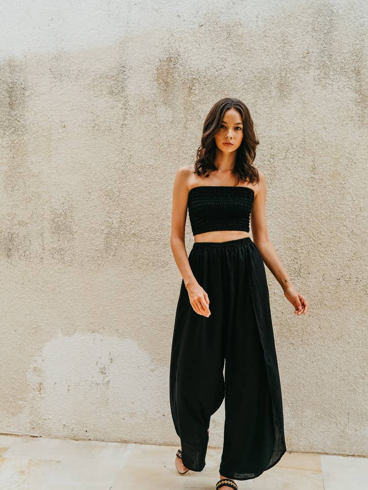 Judith Side Split Pants With Matching Tube Top in Black for wholesale by Pink Haley