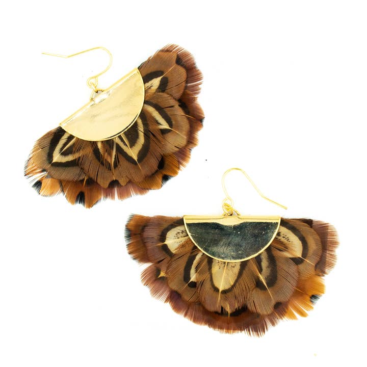 Feather Half-Circle Earrings - Fluffy Pheasants for wholesale by Monarch and Mariposa