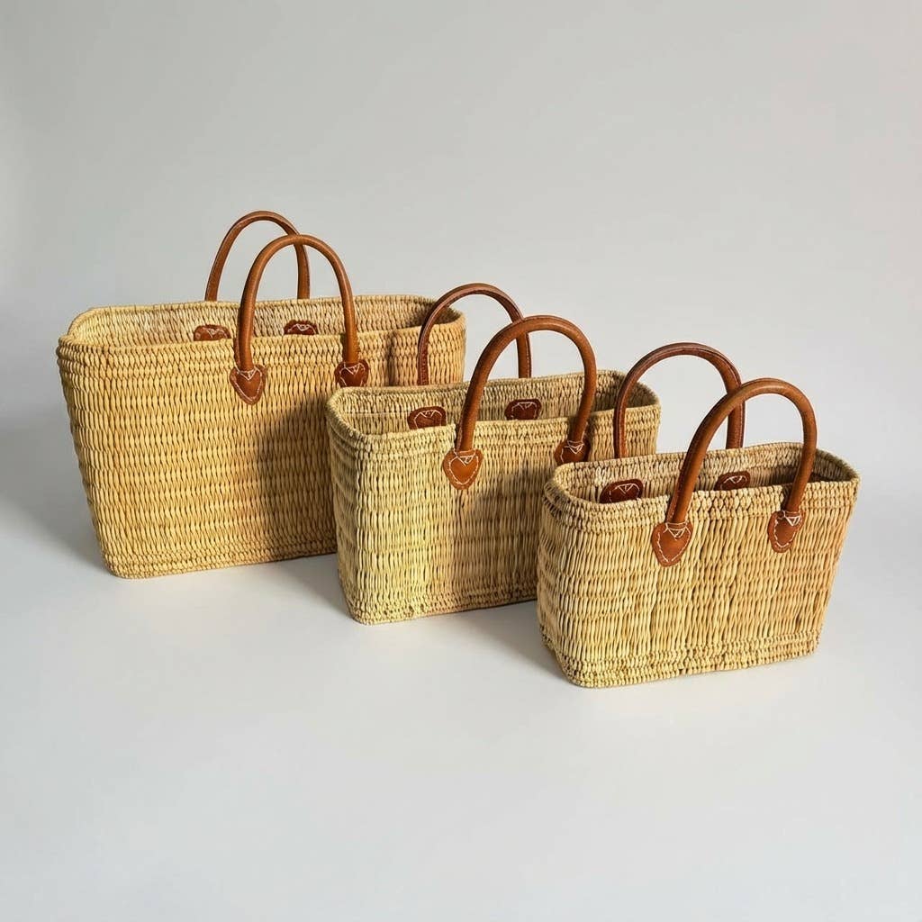 Melecraft - Wholesale Basket - Reed Market Basket Leather Handles - Natural Woven Tote Bag4