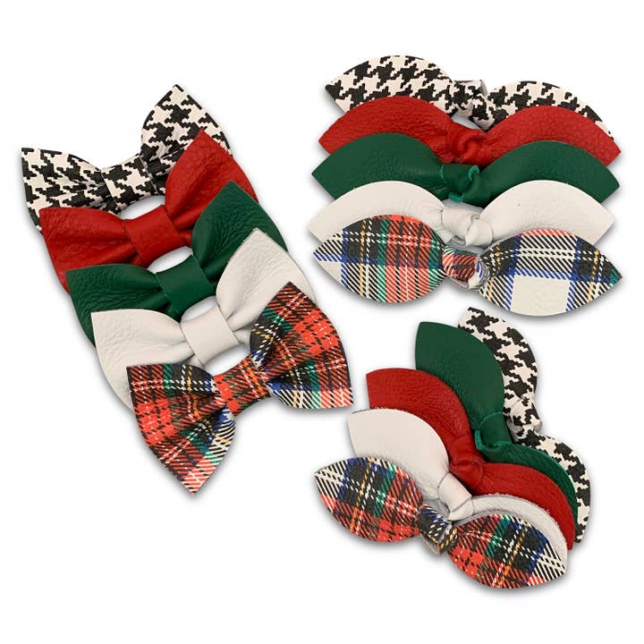 Holiday Plaid Leather Hair Bows for wholesale by Moo G Clips