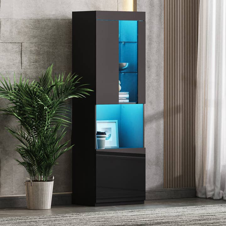 High Gloss Storage Cabinet With Led Lights, 67" Tall Pantry Cabinet With Acrylic Door, Modern Bookcase & Display Cabinet With Open Countertop And Tempered Glass Shelves For Living Room, Black Black for wholesale by Orange County Decor