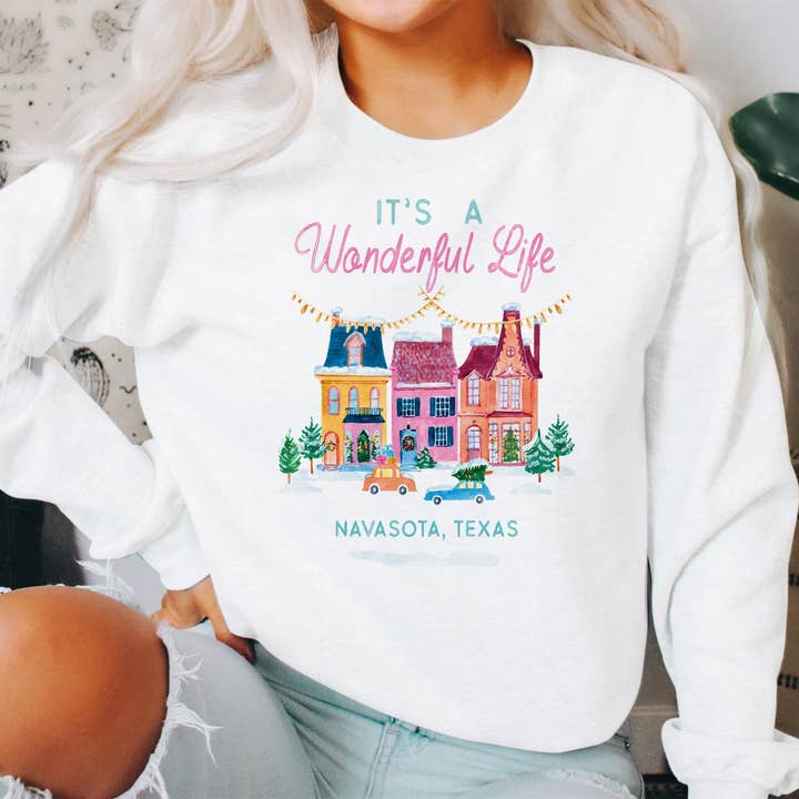white Gildan Sweatshirt White-It's A Wonderful Life Navasota Texas for wholesale on Faire