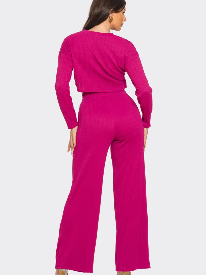 Julia by LoveJ - Wholesale Top & Pant Set (NOT Loungewear) - Women's - Braid Jacquard Round Neck Solid Top And Pants Set